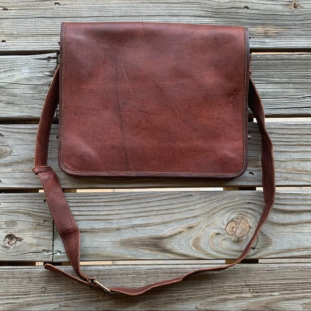 Leather Messenger Laptop Bag - Brown